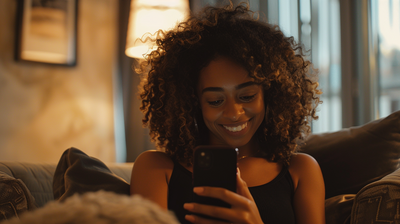 woman using phone and smiling