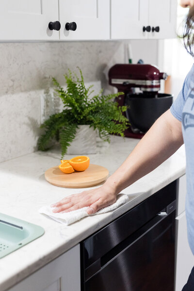 Professional Cleaner wiping down kitchen counters.
