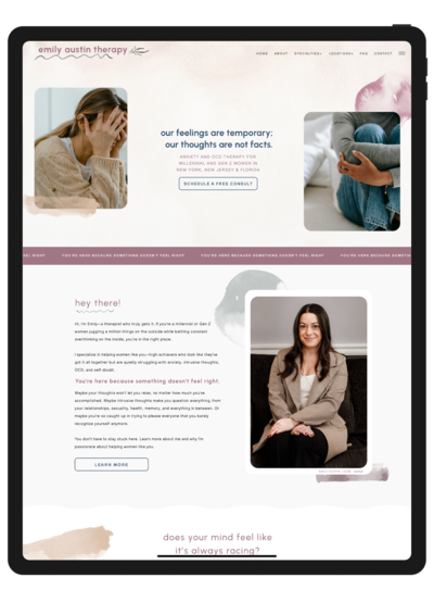Screenshot of the Emily Austin Therapy homepage newly designed After Photo, featuring a clean, minimal design with soft colors, inviting typography, and a clear navigation menu.