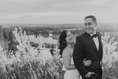 Wedding Couple taking golden hour photos at Pinebrook Golf & Country Club in Calgary