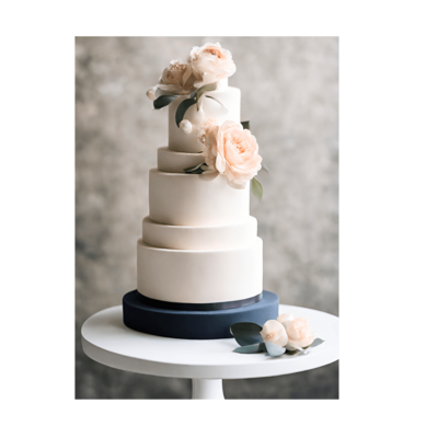 Elegant tiered, white, navy and blush wedding cake