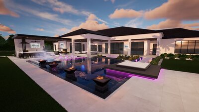Modern luxury outdoor space featuring a sleek pool with fire bowls, illuminated accents, a covered patio with a full kitchen, and stylish lounging areas.
