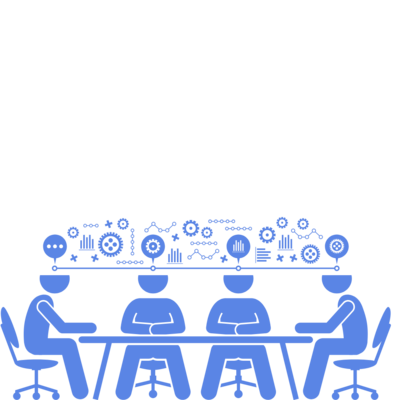 Icon showing a team collaborating at a table, representing how we seamlessly integrate as an extension of your team.