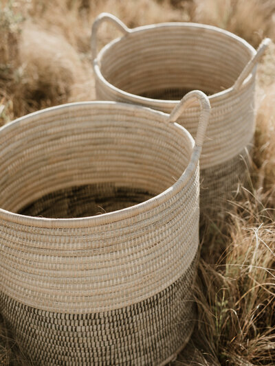 Woven baskets showcasing creative product photography , you can feel the texture on the golden light