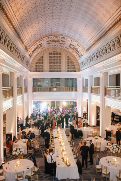 Elegant industrial-style wedding reception at The Steam Plant in downtown Dayton.