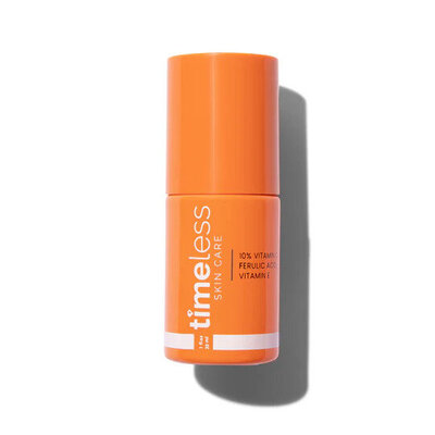 Timeless Vitamin C + E Ferulic Acid Serum in bright orange bottle—a budget-friendly antioxidant serum recommended for brightening and protecting skin daily.
