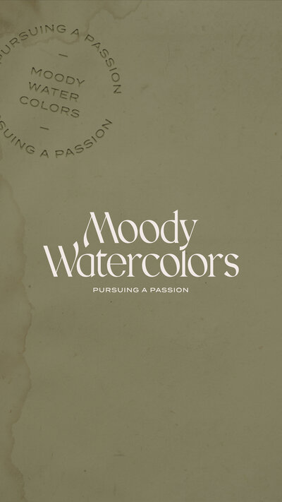 Moody Watercolors logo on a green textured background
