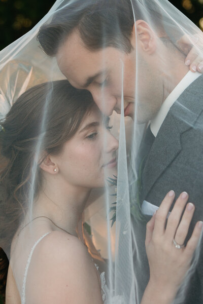 Veil photo with couple under the cathedral length veil. The couple is having a tender embrace with the bride glancing over towards the photographer. 