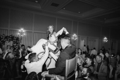 Black and white photo of a couple dancing at a wedding reception in Colorado