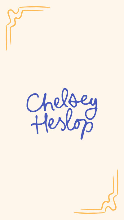 Chelsey Heslop blue logo with yellow corner frames on a cream background