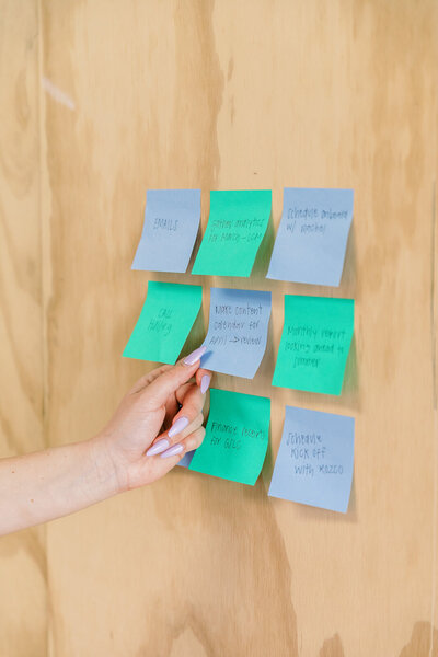 blue and green post-it notes with business reminders