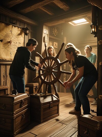 General decription____Cinematic scene inside an escape room themed environment. Include realistic lighting, shallow depth of field, high contrast, dramatic shadows, and immersive set design. Show a group of 3- (19)