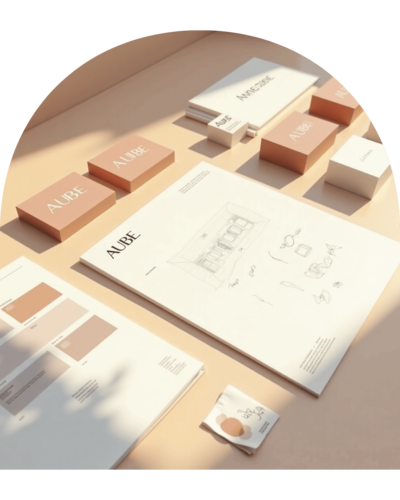 Présentation d’une identité visuelle minimaliste en nuances terracotta pour le projet Aube, réalisée par Lili Créa Design, branding et webdesign à Saint-Nazaire en Loire-Atlantique