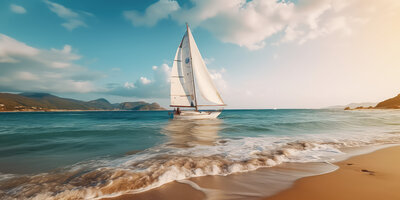 Sailboat serenely drifting by the coast