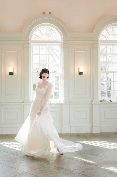 sheer sleeve a line wedding dress with pockets dancing