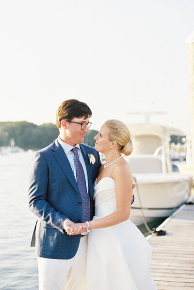 coastal maine wedding portait of couple by the water