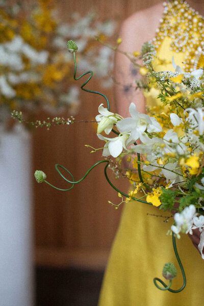 Rule of Thirds brooklyn wedding with yellow cha cha linda vintage dress and bloom bloom allium yellow and white bouquet