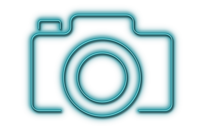 Branding Graphic of an outlined camera in a neon design color in teal