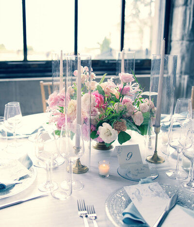floral centerpiece on wedding reception table