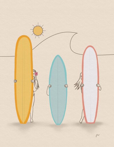 Three surfer girls peak behind yellow, blue and white surfboards, illustrated  in fine lines