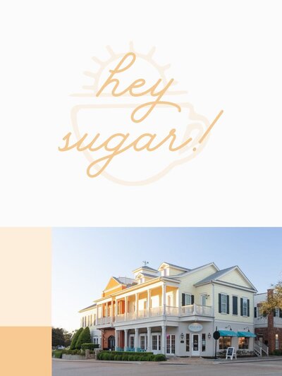 Branded ‘hey sugar!’ illustration in soft peach overlaying exterior shot of Sugar Bean storefront in Evia, Galveston Island.