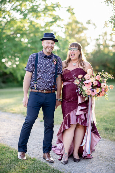 Tina from Kitchener's Living Fresh marries in a custom velvet ruffle high low wedding dress.