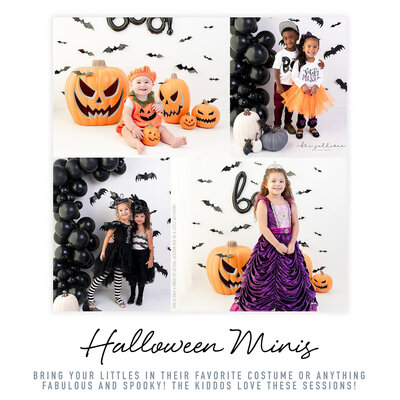 This image shows a studio setup for a Halloween mini session by Bri Sullivan Photography. The studio is adorned with bats, pumpkins, and black balloons to create a spooky atmosphere. The setup is perfect for capturing adorable portraits of children dressed in Halloween costumes.