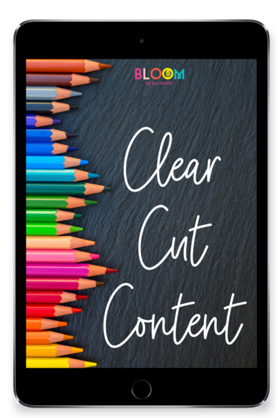 An ipad mockup with brightly colored pencils and the words Clear Cut Content - Bloom by bel monili
