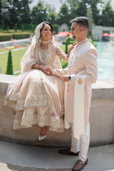 Bride and groom laughing
