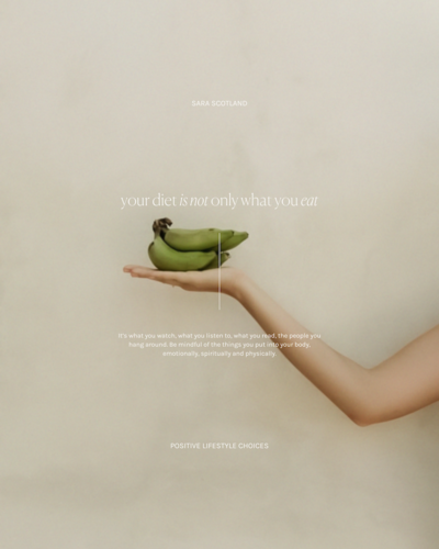 A hand holding a bunch of bananas, with overlaid text reading 'your diet is not only what you eat' and 'Positive Lifestyle Choices'