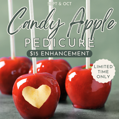 Candy Apple Pedicure enhancement for $15 available at Riversong Spa & Salon in September and October, featuring glossy red apples with heart shapes.