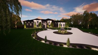 Exterior design with dark accents and custom sculptural slide.