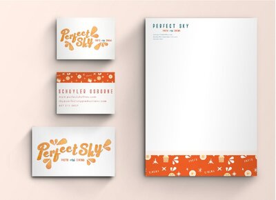Mockup suite of stationary for a videographer with a fun retro design