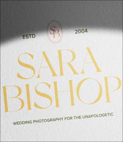 business card with the name sara bishop in the middle and a logo on top