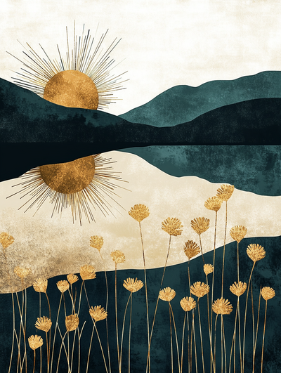 Golden sun reflecting over calm lake with blue mountains in the background and gold flowers in the foreground