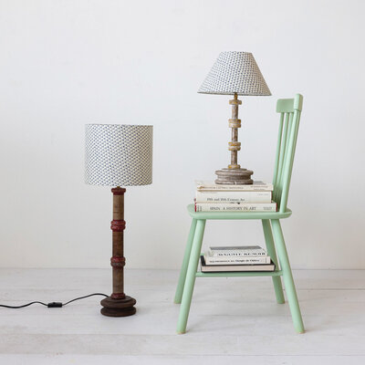 Rustic found wood spool table lamp with cotton shade lighting