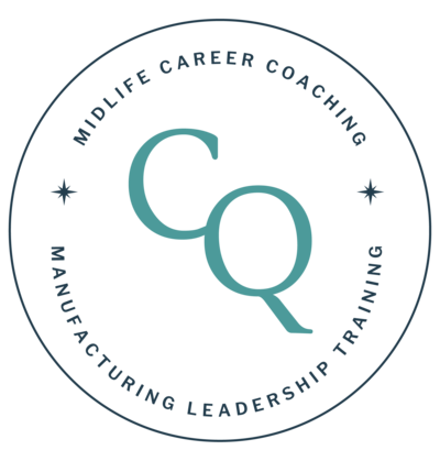 Carolyn Quintin's sub logo. It's a circle shape with a navy outline in the middle is C and Q overlapped. Above that reads midlife career coaching. below the initials, reads manufacturing leadership training. To separate the two on each side is two of the compass icons.