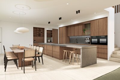 A spacious kitchen and dining area in Nova – Newport, featuring warm timber cabinetry, a large island bench with stone countertops, pendant lighting, and an integrated dining space.