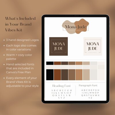 A branding kit presentation on a tablet showcasing logos, color palette, and fonts for "mona jude.