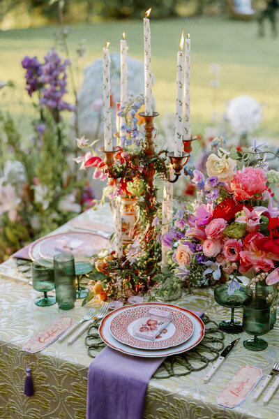 Colorful, maximalist, luxury wedding dinner party design at Wrensmoor Castle Estate in Los Angeles