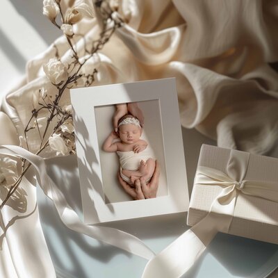 Newborn image matted in white and laying next to gift box. Image taken at Woodstock Newborn Photo Studio.