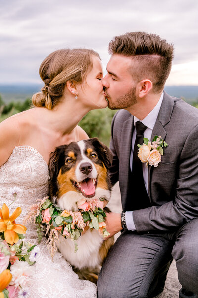 A couple kissing over their dog on their Maine wedding day.