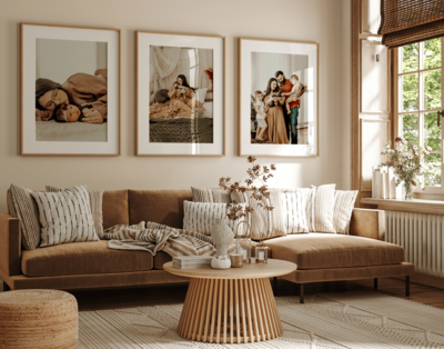 Cozy living room with a brown sectional sofa, patterned pillows, a round wooden coffee table, and three family portraits on the wall. A window allows natural light to illuminate the space.