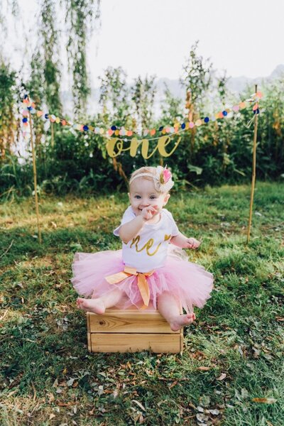 Baby girl wearing a pink tutu and gold-letter “one” shirt sitting on a wooden crate outdoors, with a colorful pompom “one” banner hanging behind her.