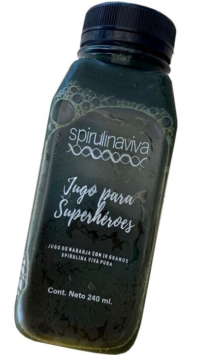 Spirulina Viva Superhero Juice is a 240 ml cold-pressed orange juice infused with fresh spirulina—packed with Vitamin C to enhance iron absorption and preserved through HPP for a nutrient-rich, energizing drink.