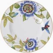 wedding china in white with greenery, blue applications and bird