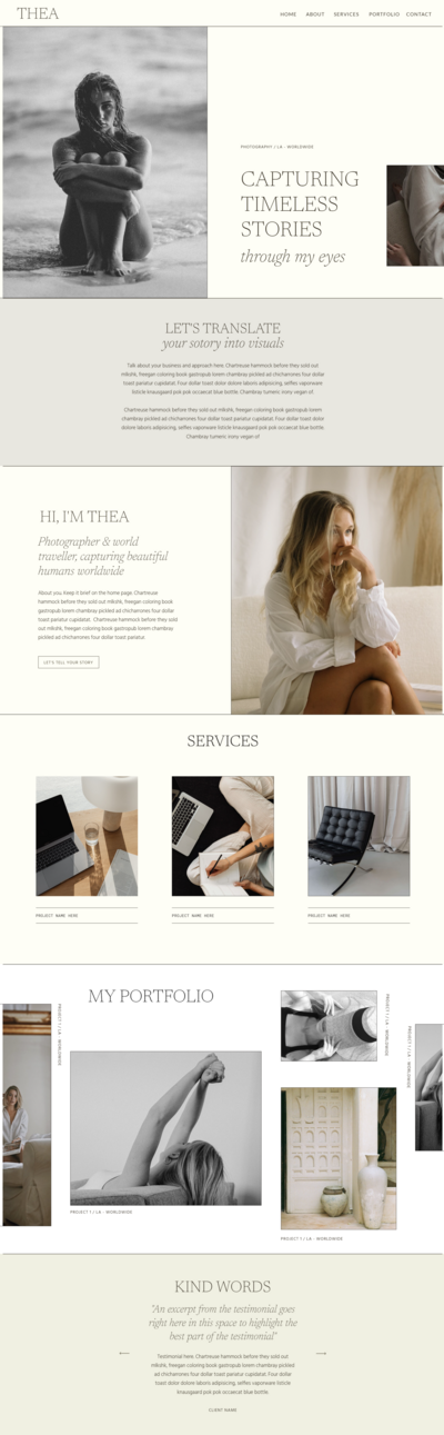 Thea is a minimalist and elegant showit website template for service providers like coaches, photographers, and personal brands, including influencers and bloggers.