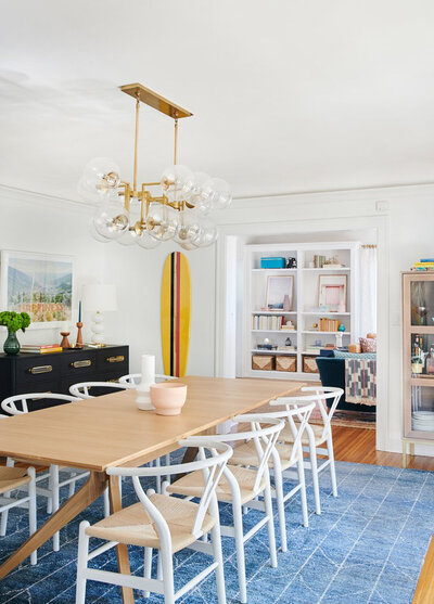 Colorful furnishings and dining room design by interior designer Dana Triano of Dana Triano Designs