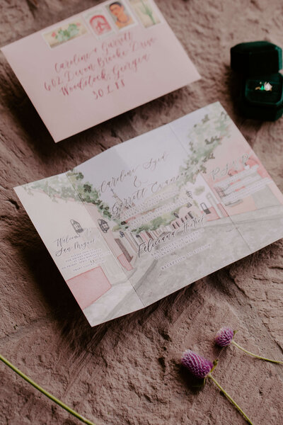 Mexico luxury destination wedding invitations featuring watercolor artwork of San Miguel de Allende.
