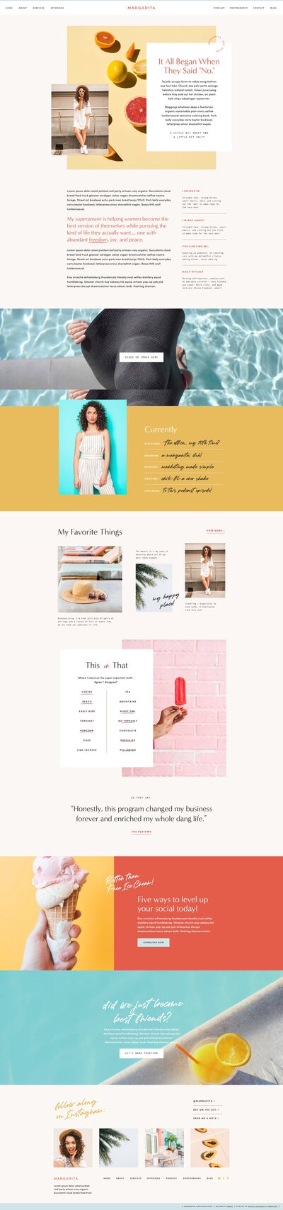 A website layout featuring images of a woman, fruit, a person in a swimsuit, and various lifestyle elements. Sections include blog excerpts, personal favorites, and quotes. The colors are pastel and bright. Perfect for a showit template customization.